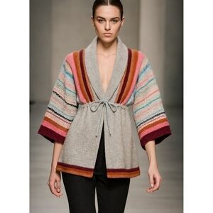 Vtg Y2k Free People Cardigan Sweater S Stripe Pink Red Turquoise Kimono Open